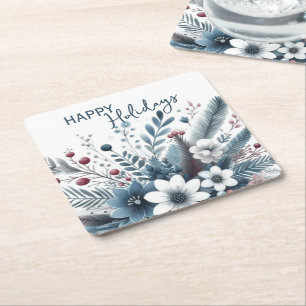 Classy Dark Teal Blue Red Floral Holiday Wreath Square Paper Coaster
