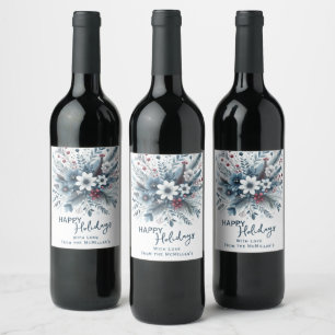 Classy Dark Teal Blue Red Floral Holiday Wreath Wine Label