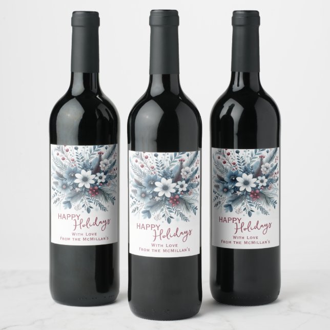 Classy Dark Teal Blue Red Floral Holiday Wreath Wine Label (Bottles)