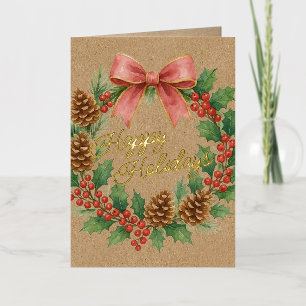 Classy December Wreath Pink Bow Watercolor Gold Foil Holiday Card