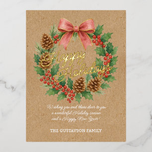 Classy December Wreath Pink Bow Watercolor Gold Foil Holiday Postcard