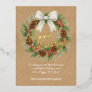 Classy December Wreath White Bow Watercolor Foil Holiday Postcard