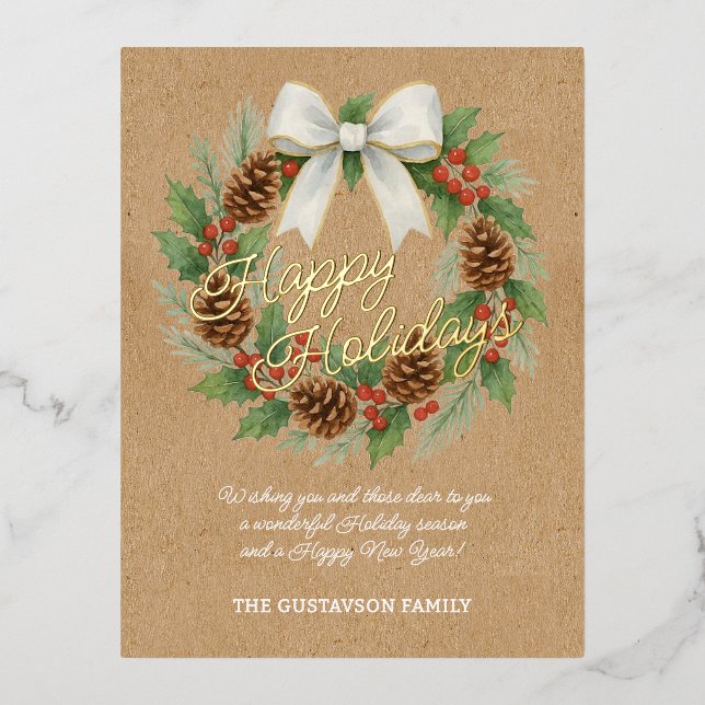 Classy December Wreath White Bow Watercolor Foil Holiday Postcard (Front)