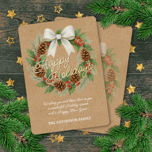 Classy December Wreath White Bow Watercolor Gold Foil Holiday Card