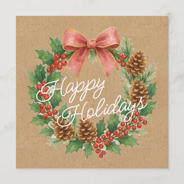 Classy December Wreath With Pink Bow Holiday Card (Front)