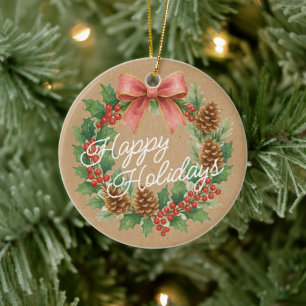 Classy December Wreath With Pink Bow Watercolor Ceramic Ornament