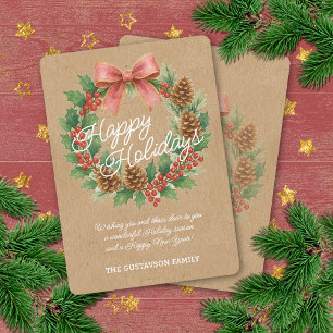 Classy December Wreath With Pink Bow Watercolor Holiday Card