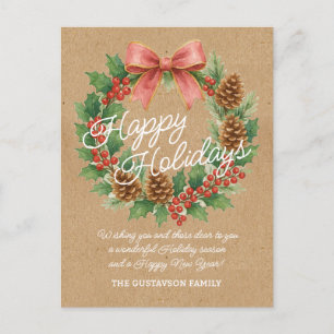 Classy December Wreath With Pink Bow Watercolor Holiday Postcard