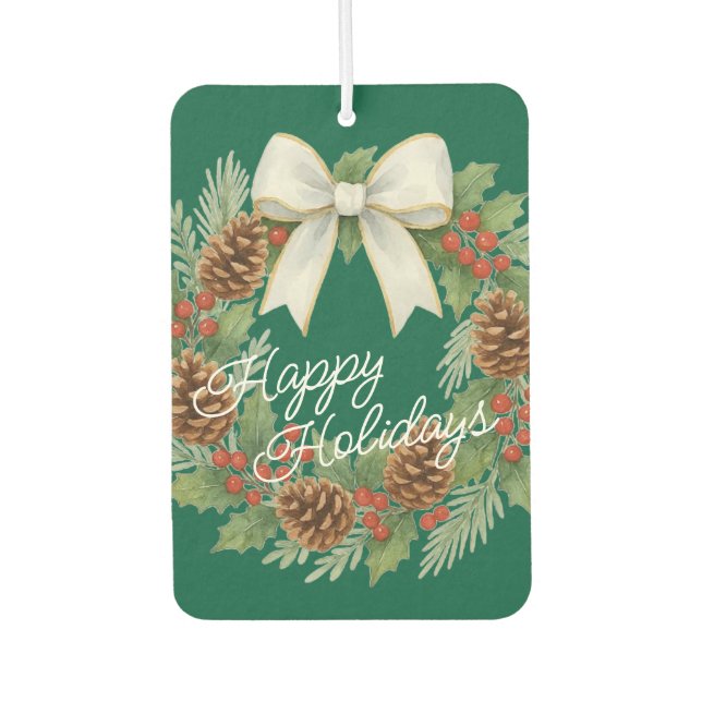 Classy December Wreath With White Bow Holiday Air Freshener (Front)