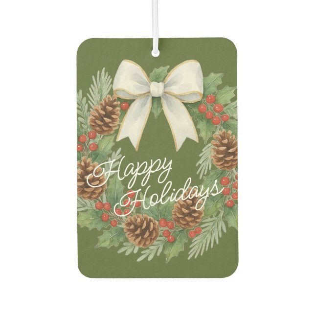 Classy December Wreath With White Bow Holiday Air Freshener (Front)