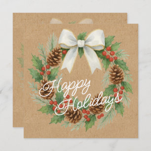Classy December Wreath With White Bow Holiday Card