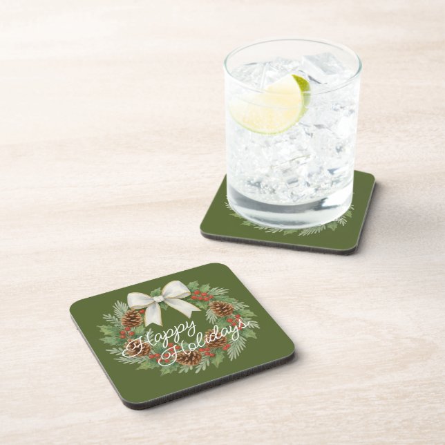 Classy December Wreath With White Bow Holiday Coaster (Right Side)