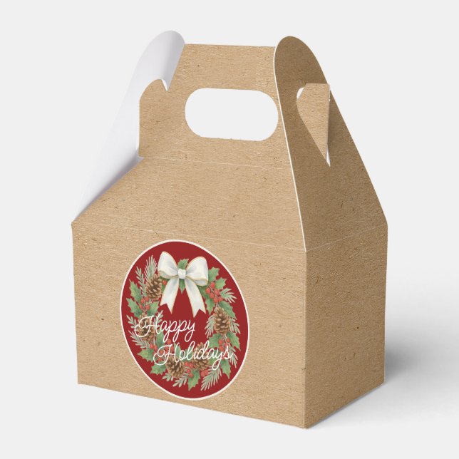 Classy December Wreath With White Bow Holiday Favor Box (Front Side)