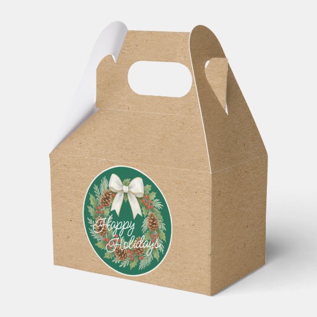 Classy December Wreath With White Bow Holiday Favor Box (Front Side)