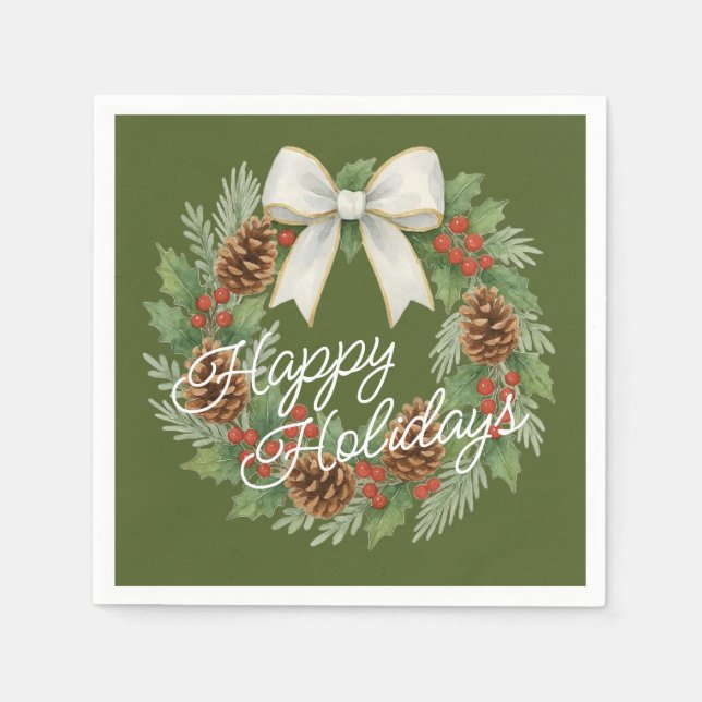 Classy December Wreath With White Bow Holiday Napkin (Front)