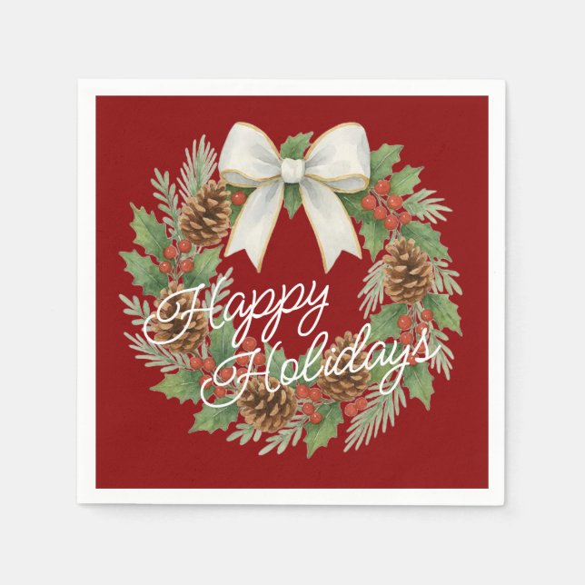 Classy December Wreath With White Bow Holiday Napkin (Front)