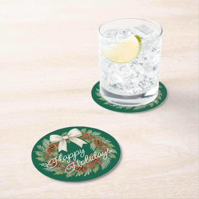Classy December Wreath With White Bow Holiday Round Paper Coaster (Insitu)