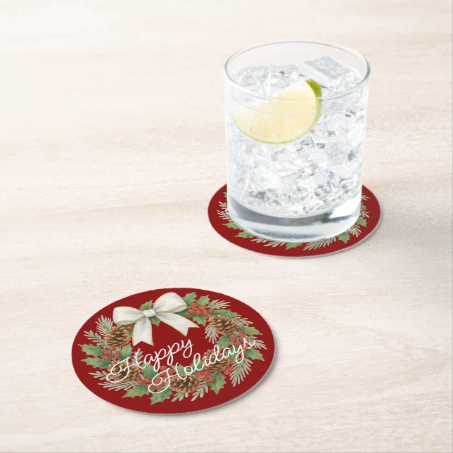 Classy December Wreath With White Bow Holiday Round Paper Coaster (Insitu)
