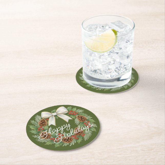 Classy December Wreath With White Bow Holiday Round Paper Coaster (Insitu)