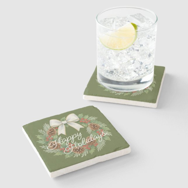 Classy December Wreath With White Bow Holiday Stone Coaster (Side)