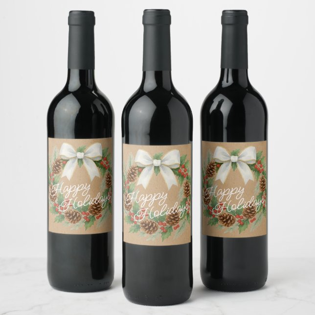 Classy December Wreath With White Bow Holiday Wine Label (Bottles)