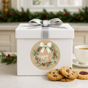 Classy December Wreath With White Bow Watercolor Classic Round Sticker