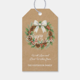 Classy December Wreath With White Bow Watercolor Gift Tags