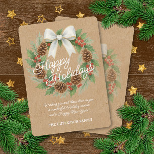 Classy December Wreath With White Bow Watercolor Holiday Card