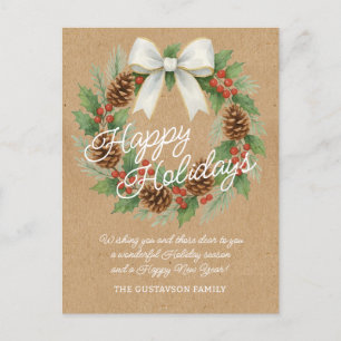 Classy December Wreath With White Bow Watercolor Holiday Postcard
