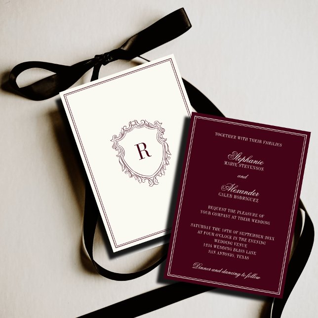 Classy Deep Burgundy Ivory Crest Old Money Wedding Invitation (Creator Uploaded)