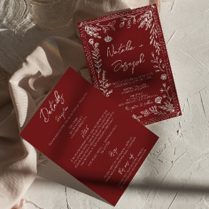 Classy Deep Red Blue Floral All In One Wedding Invitation