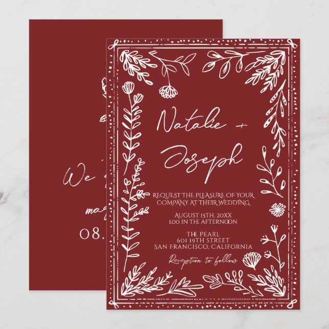 Classy Deep Red Blue Floral Modern Wedding Invitation (Front/Back)