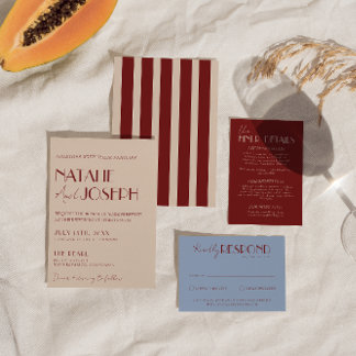 Classy Deep Red Blue Whimsical Modern Wedding Invitation