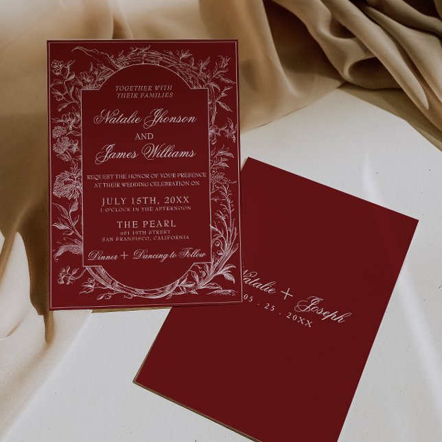 Classy Deep Red Floral Boho Botanical Wedding Invitation (Creator Uploaded)