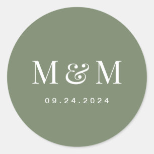 Classy Deep Sage Green Monogram Typography Wedding Classic Round Sticker