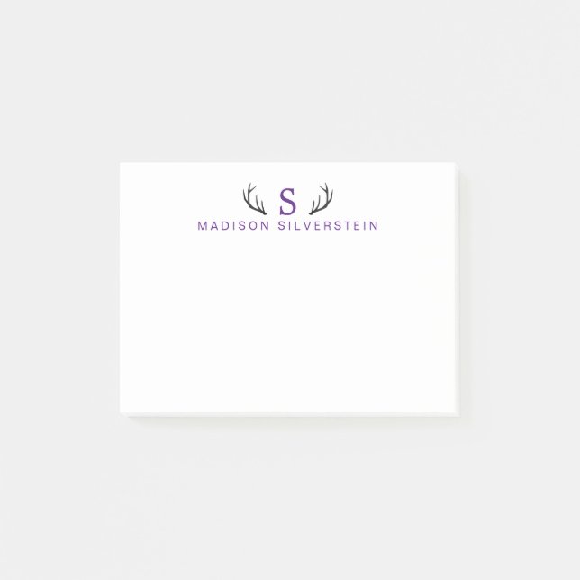 Classy Deer Antlers Purple Monogram Post-it Notes (Front)