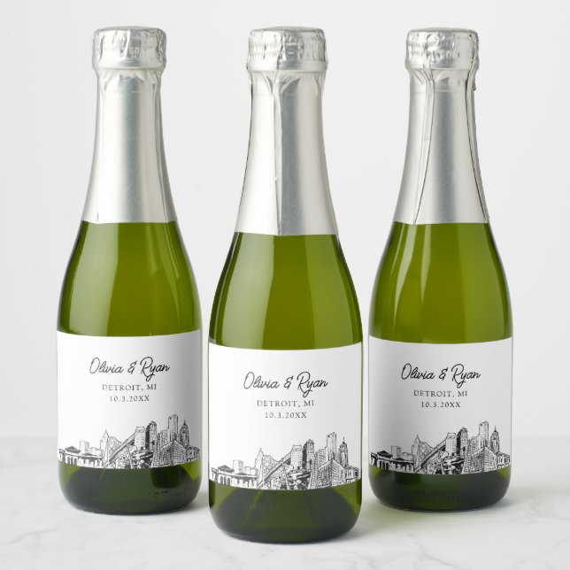 Classy Detroit Wedding Favour Custom Mini  Sparkling Wine Label (Bottles)