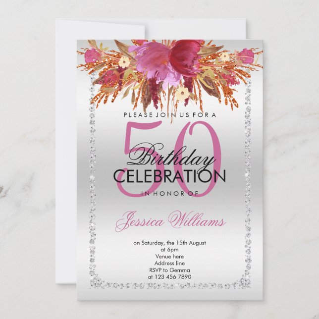 Classy Diamond Glitter Watercolor Flowers Birthday Invitation (Front)