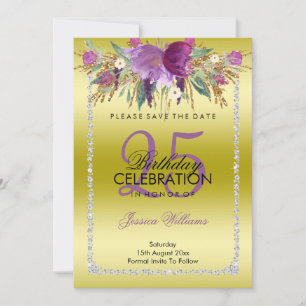 Classy Diamond Glitter Watercolor Flowers Birthday Save The Date