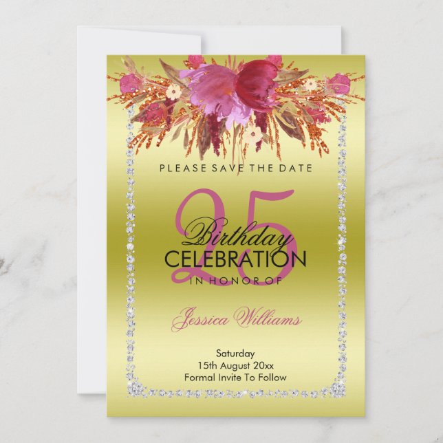 Classy Diamond Glitter Watercolor Flowers Birthday Save The Date (Front)