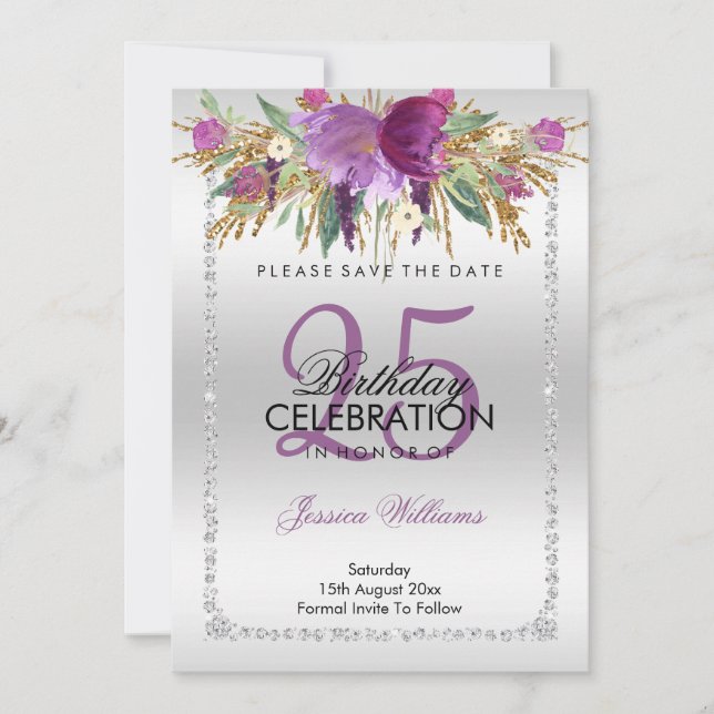 Classy Diamond Glitter Watercolor Flowers Birthday Save The Date (Front)