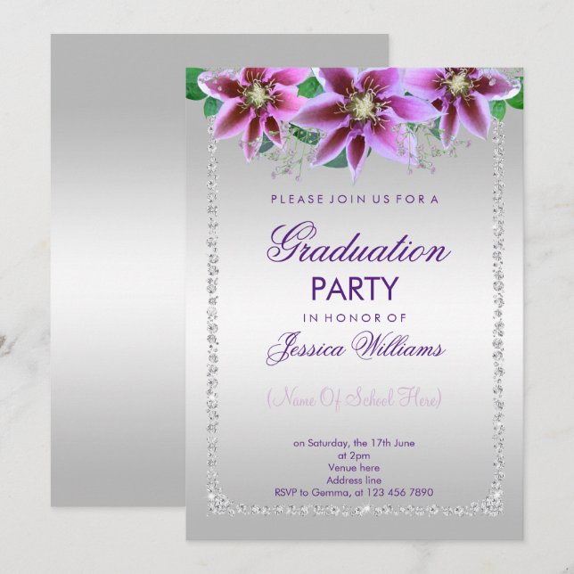 Classy Diamonds & Flowers Graduation Invitation (Front/Back)