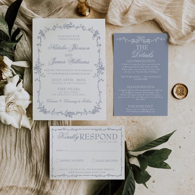 Classy Dusty Blue Floral Boho Botanical Wedding Invitation (Creator Uploaded)