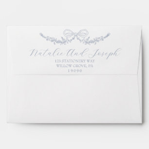 Classy Dusty Blue Old Money Botanical Bow Wedding Envelope
