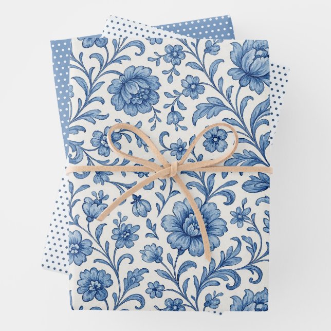 Classy Dutch Delfts Blue Floral Art Pattern Wrapping Paper Sheet (In situ)