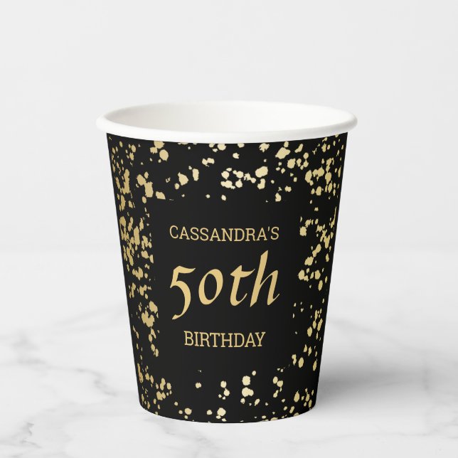 Classy Egypt Gold Sprinkles Black Birthday Paper Cups (Front)
