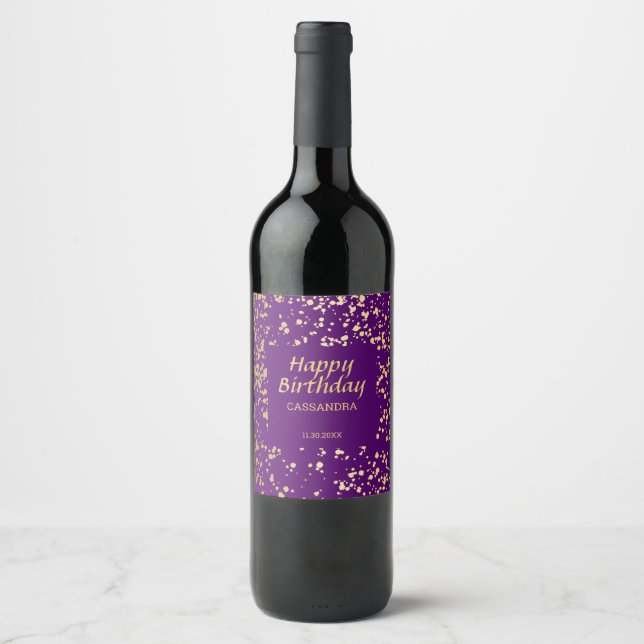 Classy Egypt Gold Sprinkles Purple Birthday Wine Label (Front)