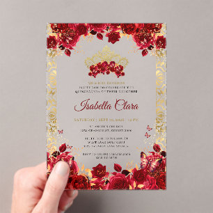 Classy Elegance Floral Gold Arch Quinceanera Acrylic Invitations