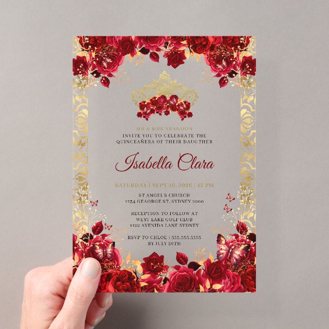 Classy Elegance Floral Gold Arch Quinceanera Acrylic Invitations (Insitu (Handheld))