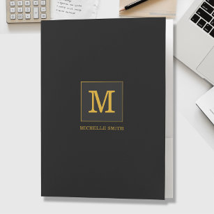 Classy Elegant Black Gold Monogram Name Pocket Folder
